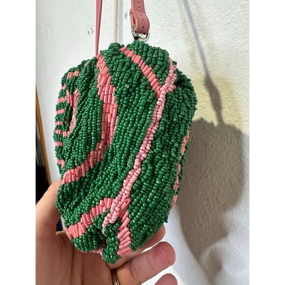 STAUD Pink Green Swirl Psychedelic Beaded Patterned Bean Convertible Bag Purse - Picture 8 of 11